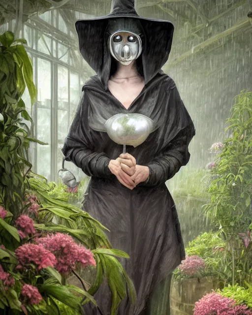 Image similar to portrait of a female plague doctor in a botanical greenhouse, heavy rain outside, wind, thunder, reflections, deep focus, d & d, fantasy, intricate, elegant, highly detailed, digital painting, artstation, concept art, matte, sharp focus, illustration, hearthstone, art by artgerm and greg rutkowski and alphonse mucha