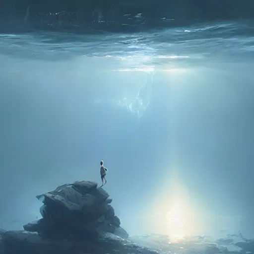 Image similar to a child falling into the deep abyss, god rays, drowning in the middle, artstation, 4k, by greg rutkowski,