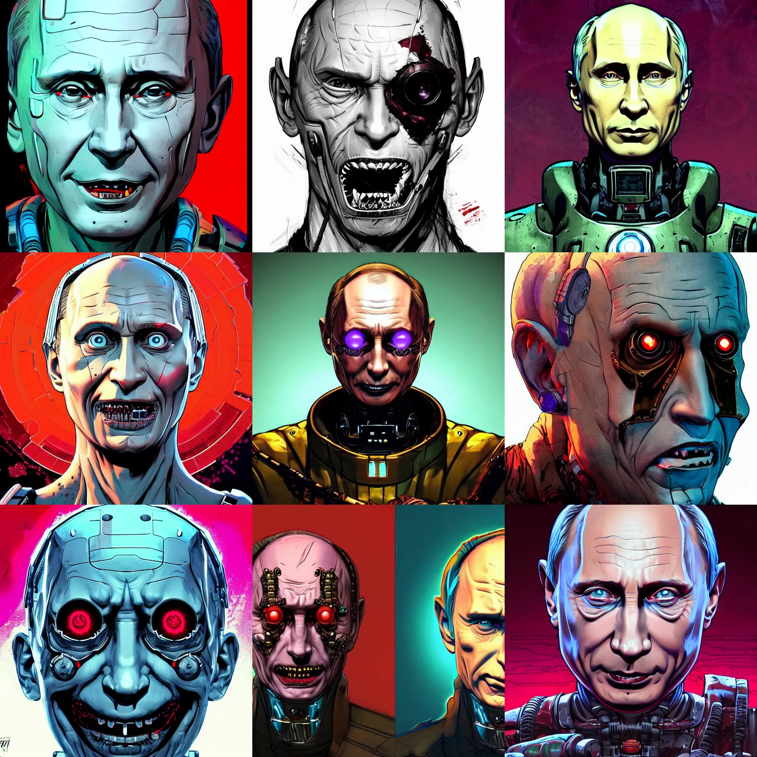 Prompt: cell shaded portrait of a cybernetic vladimir putin with evil grin looking at the camera as Borderlands 3 concept art, llustration, post grunge, concept art by josan gonzales and wlop, by james jean, Victo ngai, David Rubín, Mike Mignola, Laurie Greasley, highly detailed, sharp focus, Trending on Artstation, HQ, deviantart, art by artgem