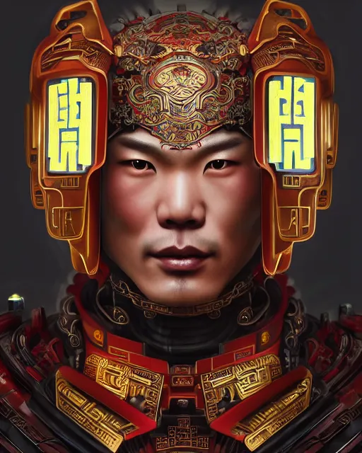 Image similar to portrait of a chinese masculine male cyberpunk machine, machine face, upper half portrait, decorated with chinese opera motifs, muscular, asian, fine china, wuxia, traditional chinese art intricate intense elegant 京 剧 highly detailed digital painting artstation concept art smooth sharp focus illustration, art by artgerm and greg rutkowski alphonse mucha 8 k