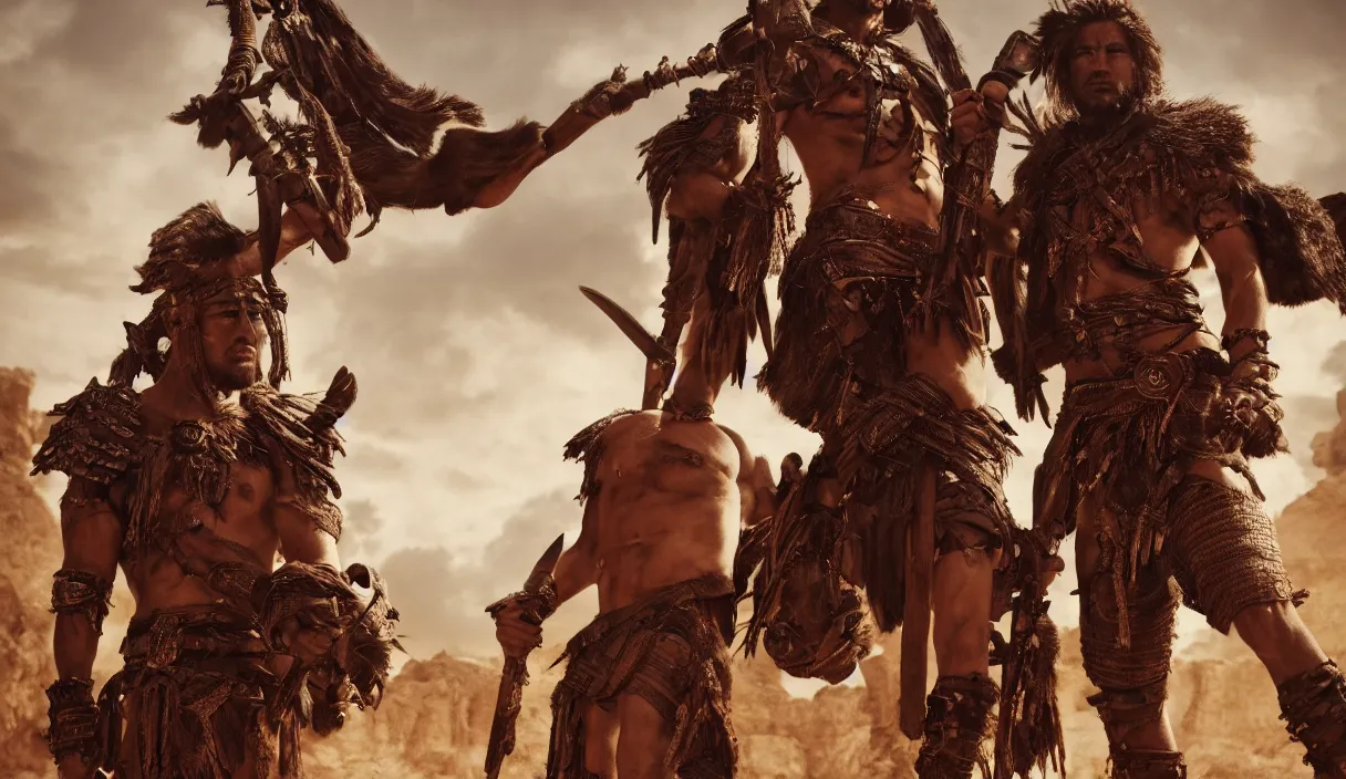 Image similar to two ancient tribesman with futuristic weapons standing in front of barbarian horde, handsome symmetrical faces, muscular bodies, dramatic lighting, cinematic, establishing shot, extremely high detail, photorealistic, 300 the movie,monster hunter the movie, monster hunter, cinematic lighting, artstation, octane render, western,old photo, vintage