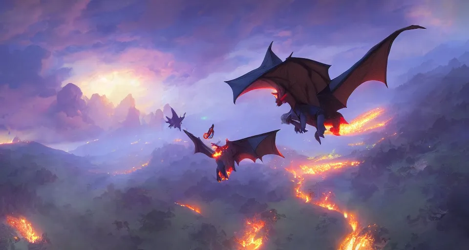 Image similar to book illustration of flying charizard dragon above the village. Burning houses dragon fire breath. Atmospheric beautiful by Eddie mendoza and Craig Mullins. volumetric lights