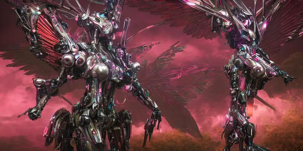 Image similar to a female saints made of mecha with huge feature wings is flying in the fantasy forest by merriam, daniel, intricate mechanical details, futuristic, 2 k aesthetic, dramatic lighting, concept art, 4 k, 3 d octane render, pink and red collection, highly saturated colors, provenance, detailed, trending on artstation