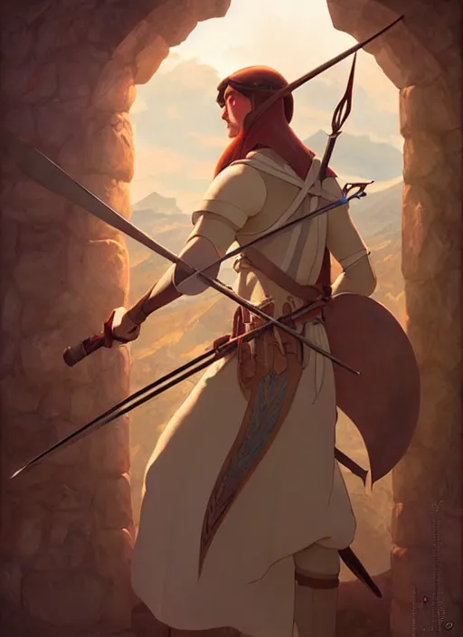 Prompt: medieval genoese crossbowman, natural lighting, path traced, highly detailed, high quality, digital painting, by don bluth and ross tran and studio ghibli and alphonse mucha, artgerm