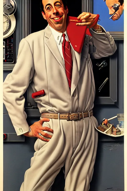 Image similar to portrait of jerry seinfeld by gil elvgren and norman rockwell and rob gonsalves and hajime sorayama, hyperrealistic, high detail, ultra detailed, highly detailed face