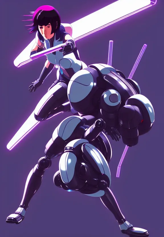 Image similar to a fullbody pose of motoko kusanagi riding a tachikoma, ghost in the shell : : connected to cables, under repairs, maintenance area, technicians : : by ilya kuvshinov, rossdraws, artgerm, sola digital arts, anti aliasing, raytracing : :