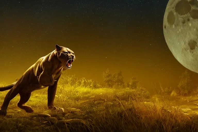 Image similar to a panther roaring at the moon in a forest during the night, large moon in the center. high quality. illustration. 4 k. cinematic. photoreal. highly detailed. dramatic. dark. night.