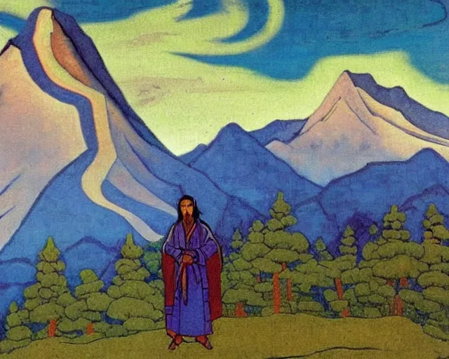 Prompt: ancient godzilla standing in front of altai forest, detailrd painting by roerich