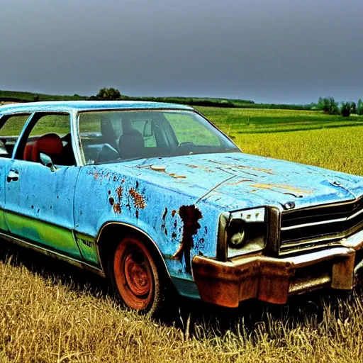 Prompt: A long shot photograph of a rusty, worn out, broken down, decrepit, run down, dingy, faded, chipped paint, tattered, beater 1976 Denim Blue Dodge Aspen in a farm field, photo taken in 1989