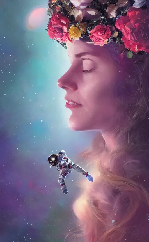 Image similar to astronaut in space with a rose flower crown, sharp focus, intricate, elegant, digital painting, artstation, matte, highly detailed, concept art, illustration, volumetric lighting, bokeh light, art by greg olsen and liz lemon swindle