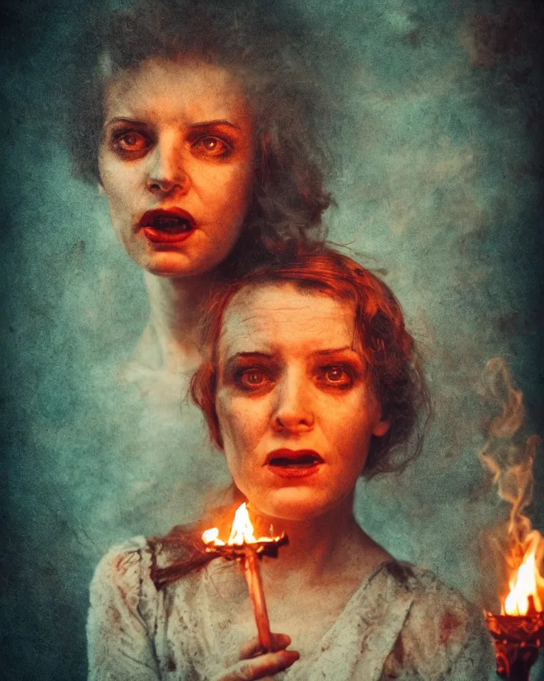 Prompt: haunted portrait of a miserable woman with flame in her eyes, retro, vintage, cinematic lighting, detailed, textured