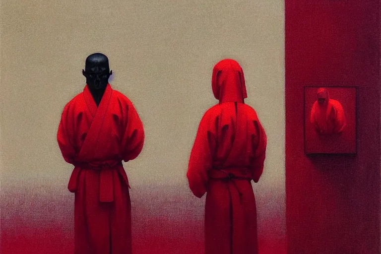 Image similar to only with red, a red samurai harakiri, tokio, a lot of frogs watch, in the style of beksinski, parts by edward hopper, parts by rodcenko, parts by yue minjun, intricate and epic composition, red by caravaggio, insanely quality, highly detailed, masterpiece, red light, artstation, 4 k