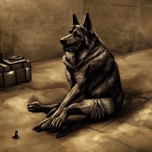 Image similar to a humanoid german shepherd beast - man in military style, sitting on the carpeted floor beside a bed, highly detailed portrait, digital painting, artstation, concept art, smooth, sharp foccus ilustration, artstation