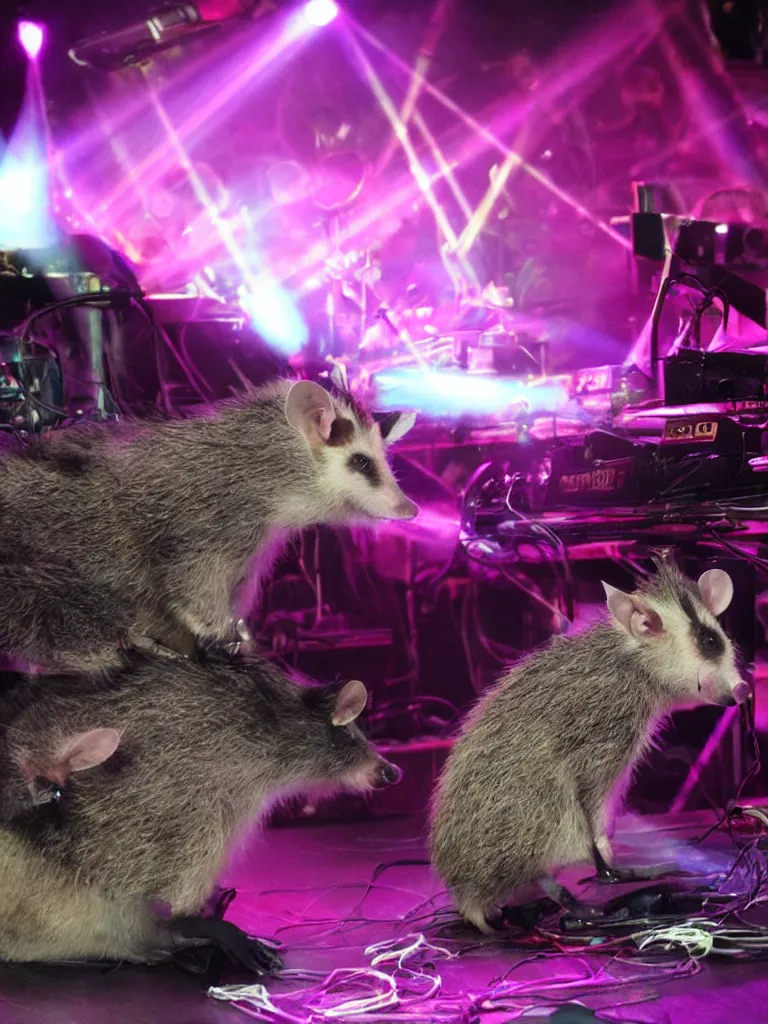 Image similar to Photorealistic opposum playing keyboards on stage with laser light show in the background