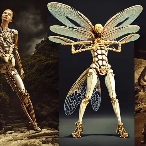 Prompt: still frame from Prometheus movie by Makoto Aida by malczewski, biomechanical dragonfly angel gynoid, metal couture by neri oxmn and Guo pei, editorial by Malczewski and by Caravaggio