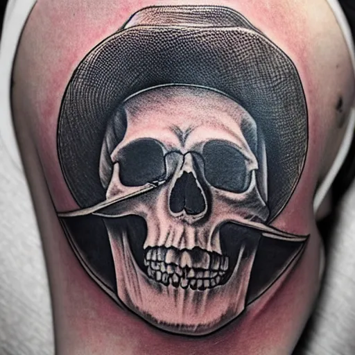 Prompt: a photo of a skull wearing a cowboy hat tattoo