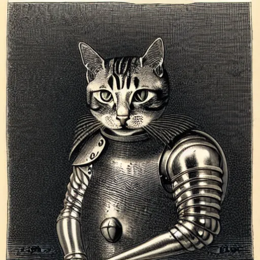 Image similar to engraving portrait of humanoid cat in medieval armoury by gustave dore