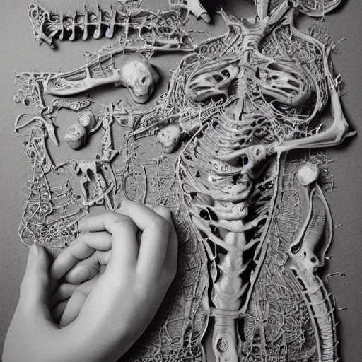 Image similar to beautiful scene of a detailed and intricate design of the back of full woman body and a baby fetus wrapped in bones, real, studio shot, dynamic lighting, great finesse organic hyper detailed, engineering blueprints, technical drawings, calculus, stained paper, hyperrealistic, ultra detailed, 16K, unreal engine, trending on artstation