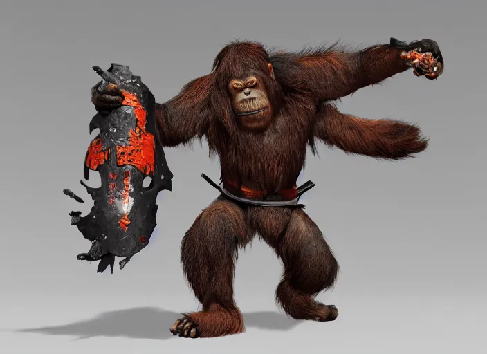 Image similar to extremely scary angry tough rough looking samurai orangutan. japanese warrior character, scary, gruffness, interesting 3 d character concept by square enix, in the style of league of legends, hyper detailed, cinematic, final fantasy, character concept, ray tracing, fur details, maya, c 4 d, artstation