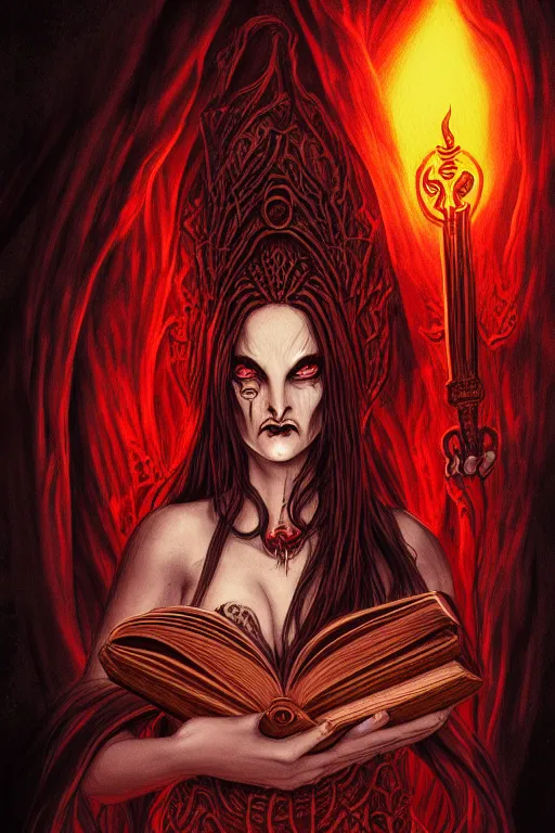 Image similar to illustration of demoness with a book of necronomicon, symmetrical, cinematic, sharp focus, 4 k, ultra hd, sense of awe, sinister demonic atmosphere, dreadful, forbidden knowledge, old gods. demonology journal cover