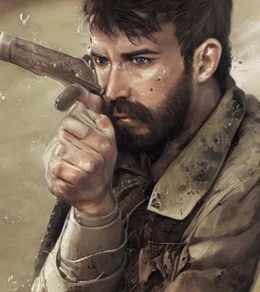 Image similar to portrait of muscular, tired and alcoholic 3 0 - year - old grieving man with short darkblonde hair, serious sad look in his eyes, looking down, dirty beard, blue eyes, crying tears, wearing dirty soldier uniform, on the desert, sad atmosphere, hyper realistic face, character art, art by mark brooks, cryengine, trending on artstation, digital art