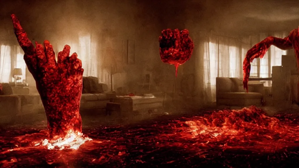 Image similar to a giant hand made of blood and fire floats through the living room, film still from the movie directed by Denis Villeneuve with art direction by Salvador Dalí, wide lens