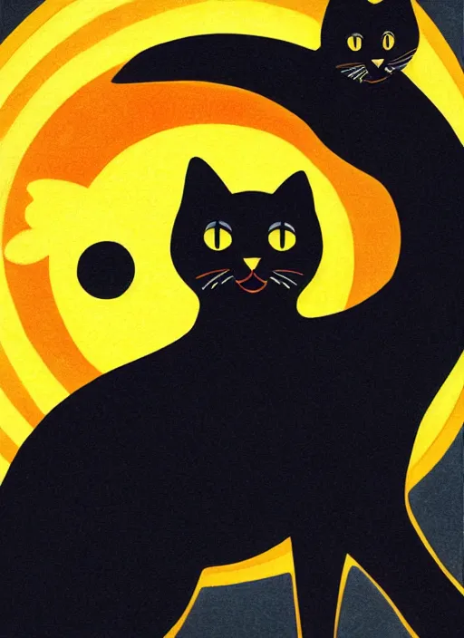 Image similar to a black cat standing on top of a yellow sun, a storybook illustration by sara saftleven, behance contest winner, nuclear art, sunrays shine upon it, god rays, digital illustration