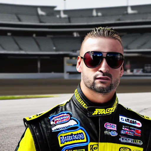 Prompt: portrait photograph of Riff Raff as a NASCAR driver, 4k photo depth of field