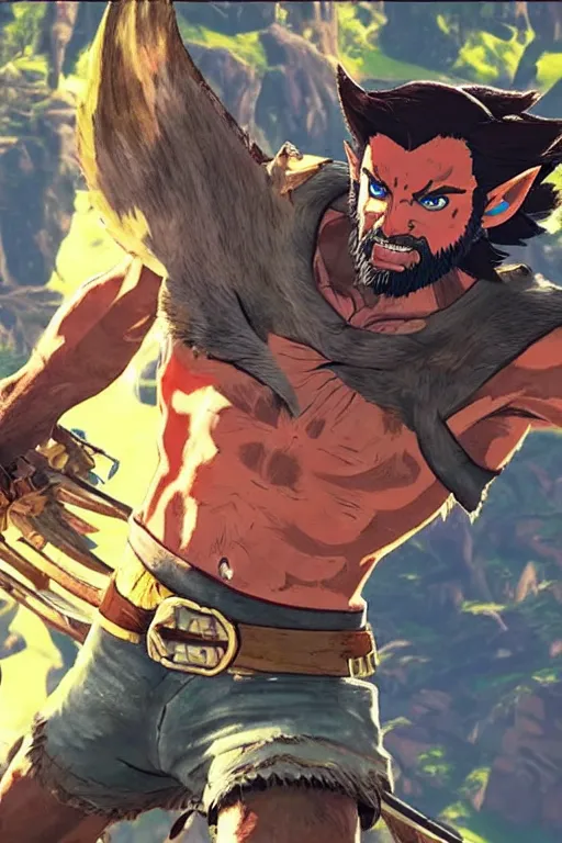 Prompt: in game footage of logan wolverine from the legend of zelda breath of the wild, breath of the wild art style.