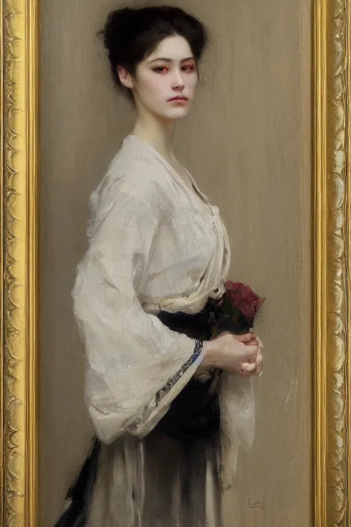 Prompt: Solomon Joseph Solomon and Richard Schmid and Jeremy Lipking victorian genre painting full length portrait painting of a young beautiful woman from japan