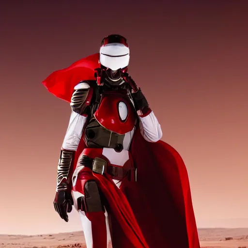 Image similar to portrait of a athletic female soldier in glossy sleek white armor with tiny red details and a long red cape, heroic posture, on the surface of mars, night time, dramatic lighting, cinematic, sci-fi, hyperrealistic