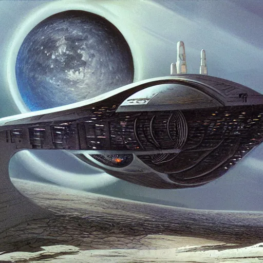 Prompt: A spaceship by Ron Cobb concept art for Alien