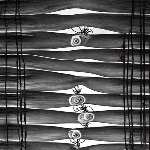 Prompt: A beautiful street art. It has no visible auditory organs, just eyes, human eyes, hundreds of them, in the ends of stalks that radiate from its body like some exotic fruit. felt pieces by Brett Weston, by Syd Mead desaturated
