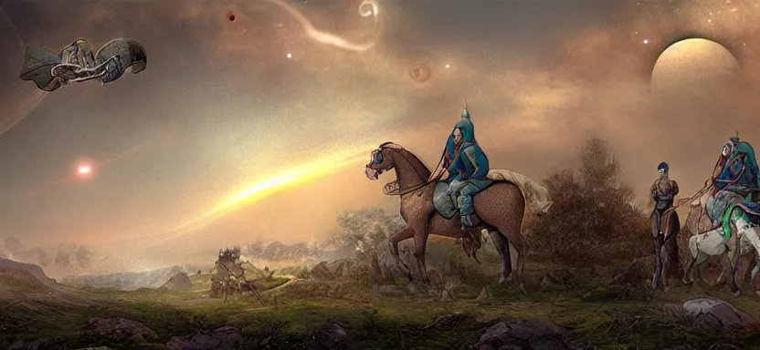 Image similar to a view of planets in the sky from horseback, medieval fantasy, digital art, extreme detail