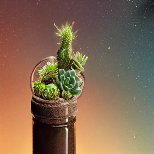Image similar to Octane render of a cosmic bottle filled with succulents floating in space