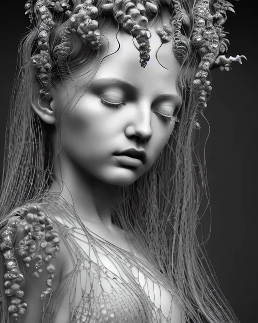 Prompt: mythical dreamy underwater artistic black and white 3 d render of a translucent beautiful young female angelic - medusa - vegetal - doll, highly detailed, intricate crystal ivy jelly ornate, poetic, translucent algae ornate, digital art, octane render, 8 k artistic photography, photo - realistic, hg giger flora borsi