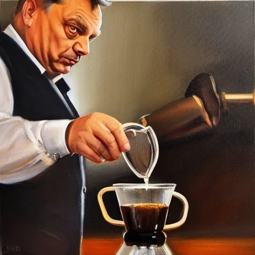 Image similar to viktor orban making chemex coffee, oil painting