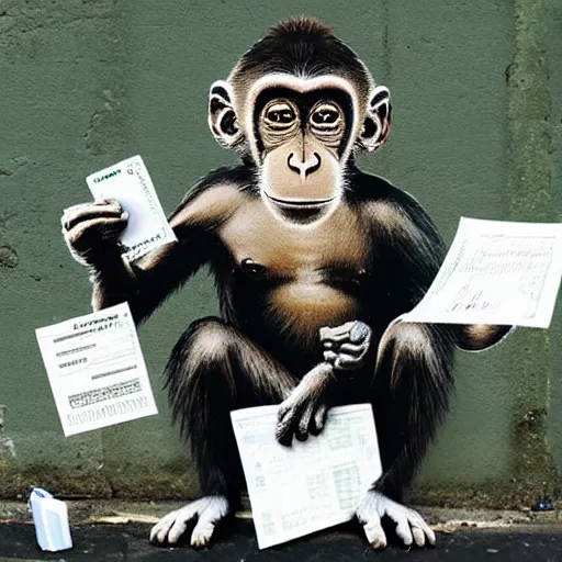 Prompt: a monkey doing his taxes art by banksy, 8 k, high definition, extremely detailed, photo - realistic