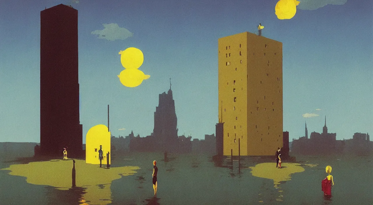 Image similar to single flooded simple hylics tower, very coherent and colorful high contrast!! masterpiece by rene magritte simon stalenhag carl spitzweg syd mead norman rockwell edward hopper james gilleard, minimalist, dark shadows, sunny day, hard lighting