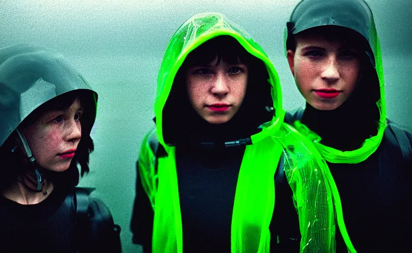 Image similar to cinestill 5 0 d candid photographic portrait by helen levitt of two cyborgs wearing rugged neon green mesh techwear in treacherous waters, extreme closeup, modern cyberpunk moody depressing cinematic, pouring rain, vaporwave, dystopian atmosphere, 8 k, hd, high resolution, 3 5 mm, f / 3 2, ultra realistic faces, ex machina
