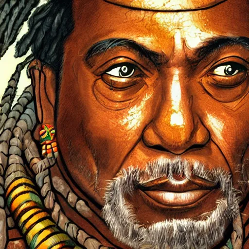 Image similar to james earl jones from zamunda as mayan shaman in apocalypto manga style 4 k illustration