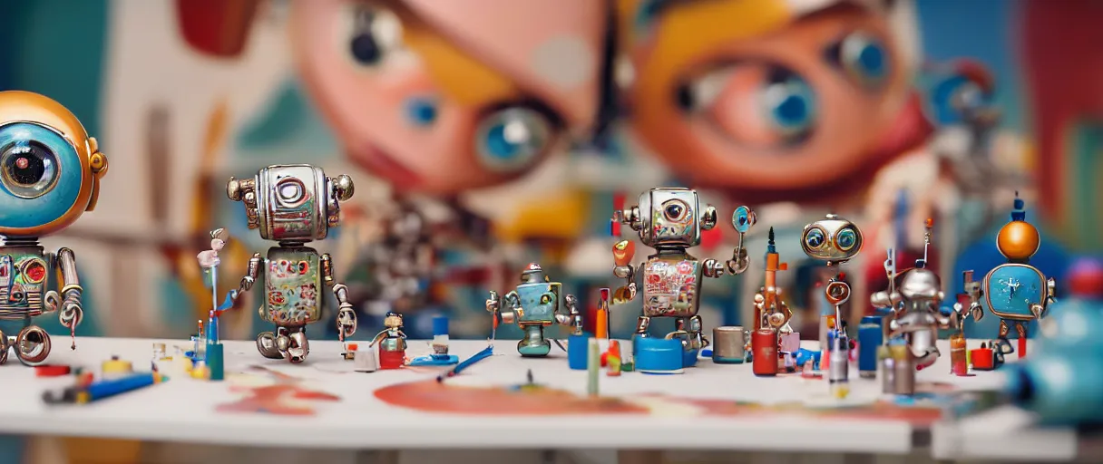 Image similar to closeup portrait of tin toy retro robots painters mixing gouache on white paper table in an artist workshop, depth of field, zeiss lens, detailed, centered, fashion photoshoot, by nicoletta ceccoli, mark ryden, lostfish, breathtaking, 8 k resolution, extremely detailed, beautiful, establishing shot, artistic, hyperrealistic, octane render