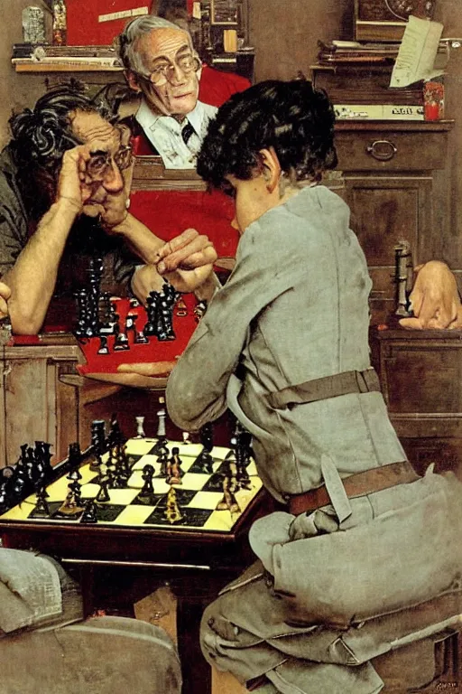 Image similar to franco battiato playing chess painted by norman rockwell