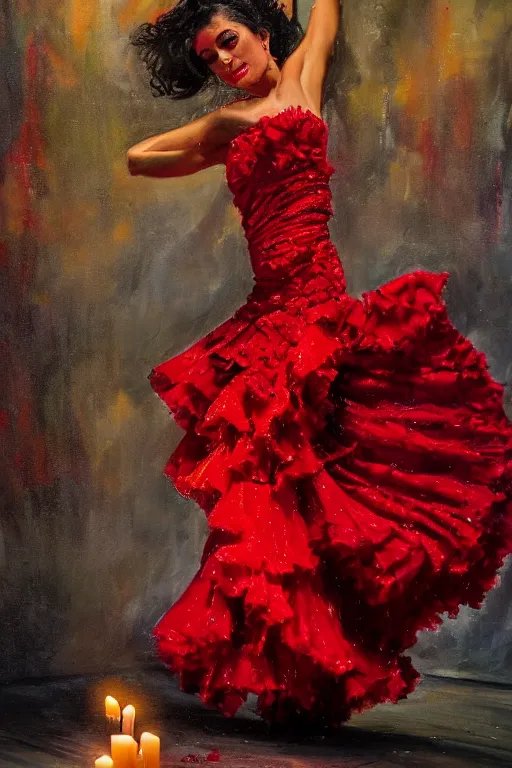 Image similar to oil painting of spanish flamenco dancer in mallorca wearing a red dress made of flowers, dimly lit by candles on the ground, photo realistic, extreme detail skin, no filter, slr, 4 k, high definition