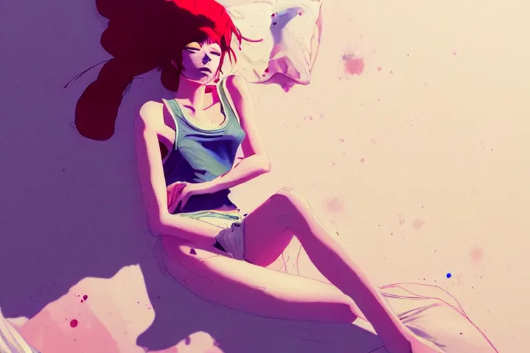 Image similar to a ultradetailed painting of a stylish girl waking up, she is wearing a tank top by conrad roset, greg rutkowski and makoto shinkai trending on artstation
