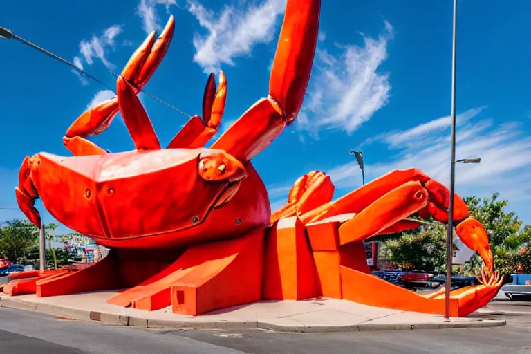 Prompt: 1 9 8 5 crab themed giant sculpture, googie architecture, one point perspective, americana, fishcore, restaurant exterior photography, hd 8 k, taken by alex webb