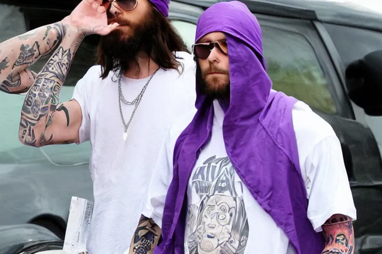 Image similar to jared leto as a white gang member wearing a purple head covering made from a polyester or nylon material and a stained white tank top caught dealing drugs inside a detroit gang trap house, arms covered in gang tattoo, paparazzi, leaked footage, uncomfortable, bad quality