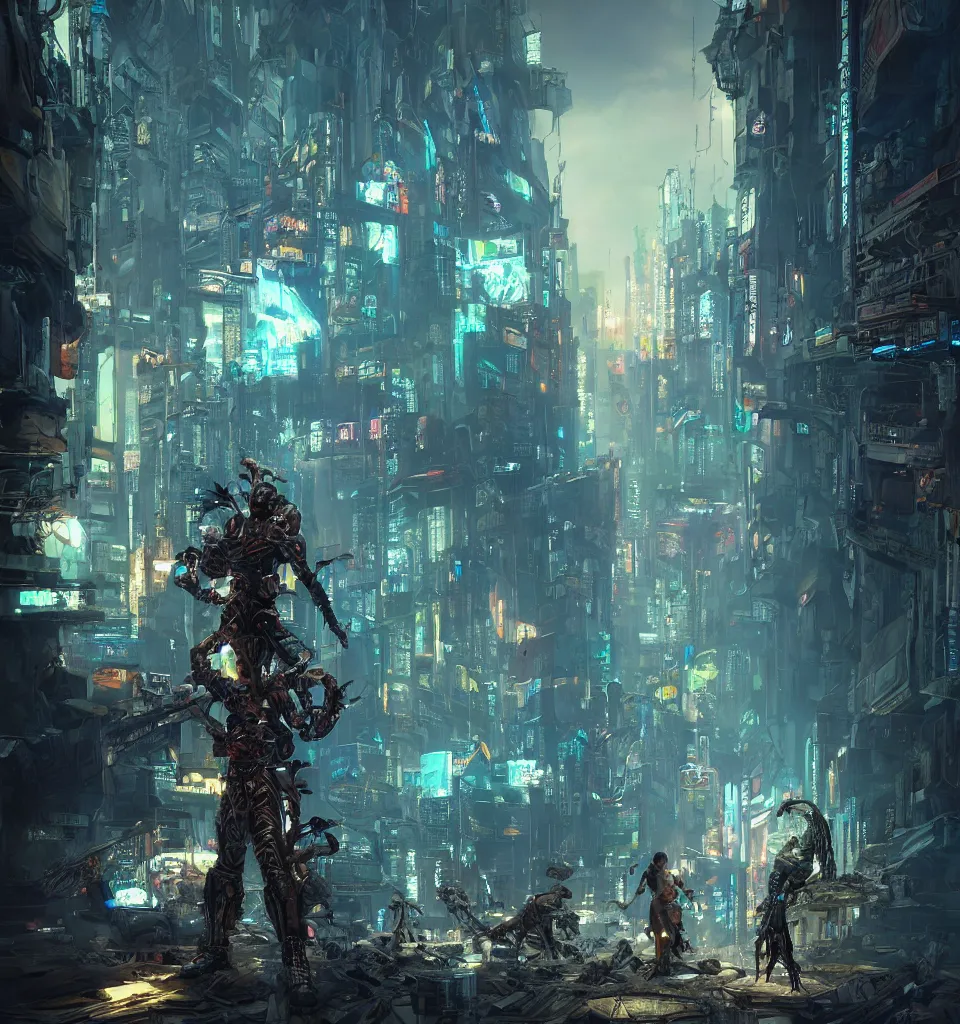 Image similar to cyberpunk gladiator, cinematic, highly detailed, octane render, cg, rich cinematic atmosphere, perfect digital art, mystical journey in strange world, Mystical, cyberpunk, tech war, sci-fi, surreal, glowing lights, sharp focus, high detailed, by Akihiko Yoshida, michael whelan and Karol Bak