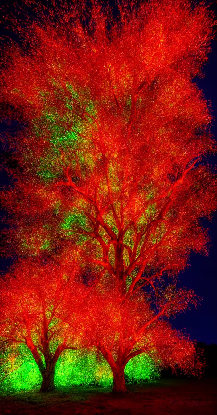 Prompt: highly detailed realistic photo of colorful glowing leaves flowing from dry tree at night, very sharp focus, award winning masterpiece photography, hyper realistic, concept art, 8 k detail post - processing