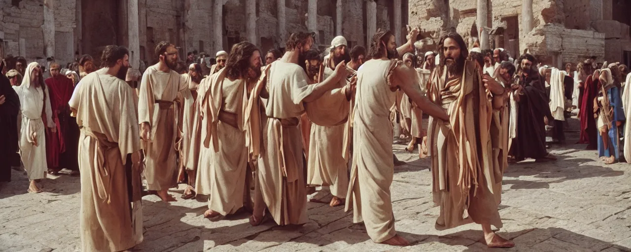 Image similar to jesus being led to the cross made of spaghetti, ancient rome, architectural, minimal, canon 5 0 mm, wes anderson film, kodachrome, retro